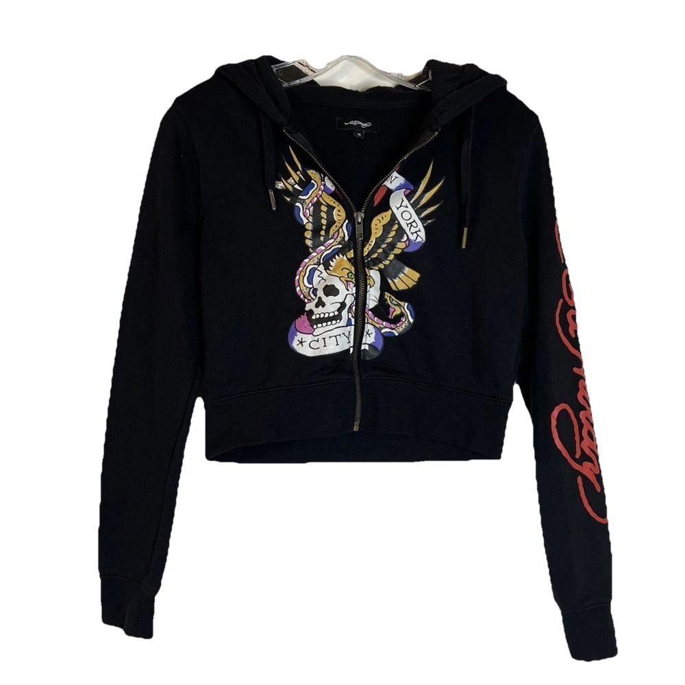 Ed Hardy‎ Black Y2K Cropped Full Zip Graphic Hoodie Tattoo Art Medium